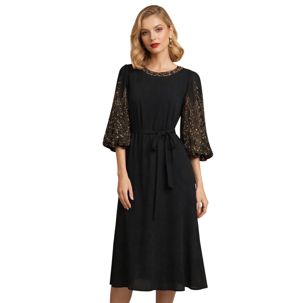 Elegant Black Midi Dress with Gold-Beaded Sleeves